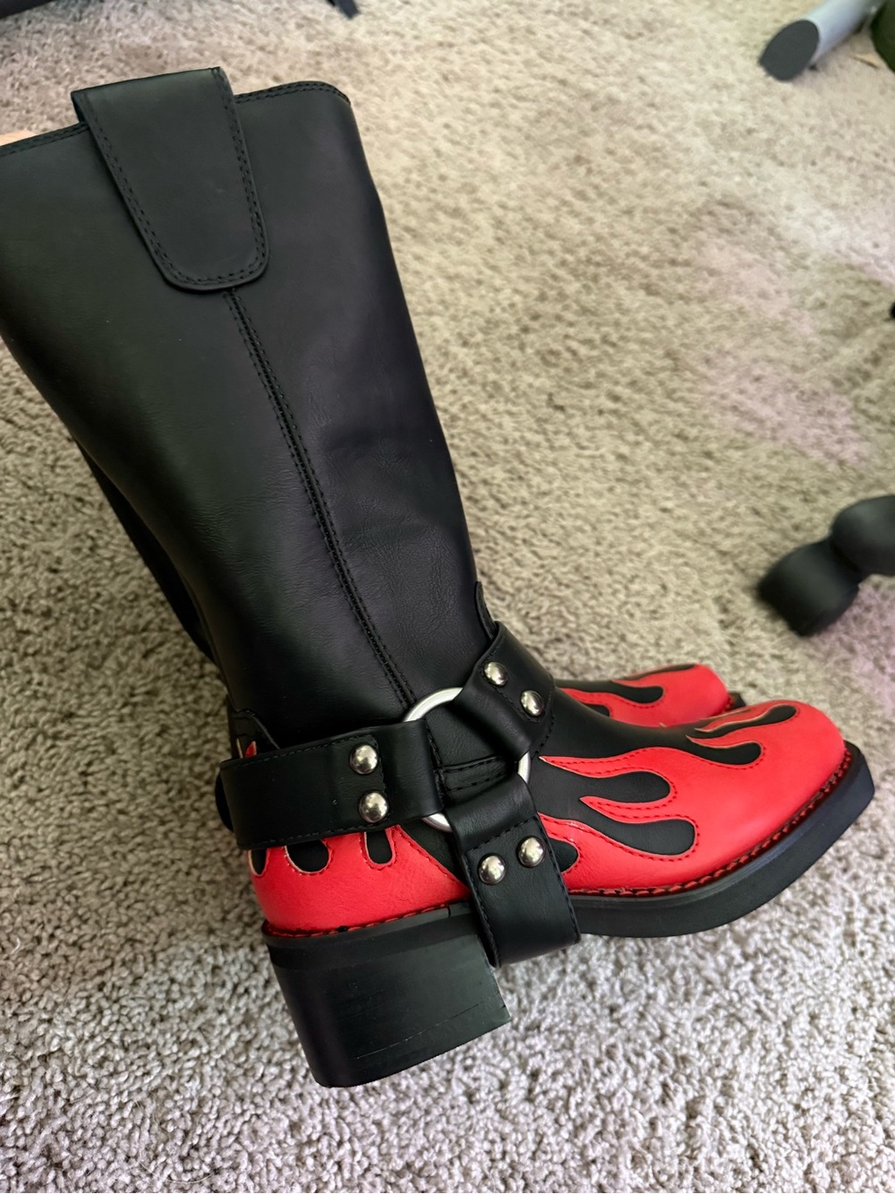 Dolls Kill Black & Red Flame Harness Mid-Calf Boots